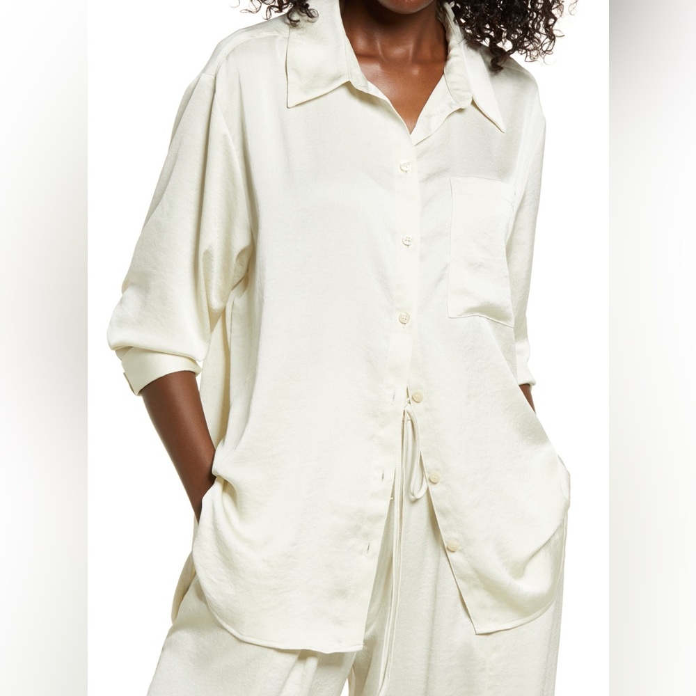 Open Edit Ivory Bone Satin Button Up Long Sleeve Shirt Blouse Size Large